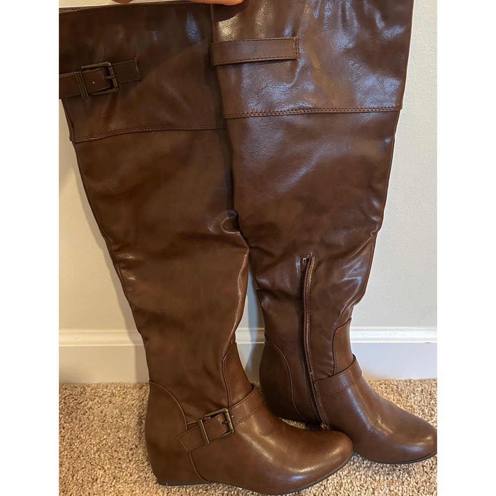 Aldo Brown Faux Leather Knee Riding Boots with Buckle Detail Round Toe Women 6.5